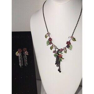 Flower Butterfly Rhinestone Chain Statement Necklace And Earrings Vintage